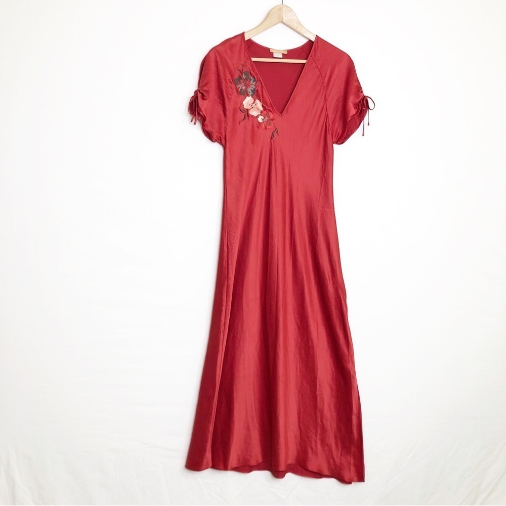 Sensara Red satin embroidered detail, maxi slip dress